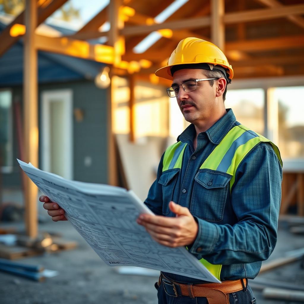 JRP contractor reviewing blueprints on site
